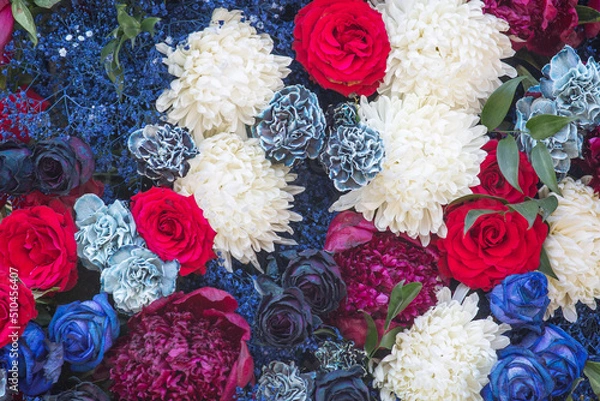 Fototapeta Flowers mix.Colorful flower background with red, white and blue.