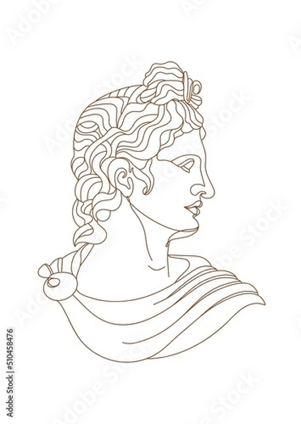 Fototapeta One line Ancient Greek god statue. Apollo classical mythological sculpture. Vector art for design of posters, clothes, logo, invitations.