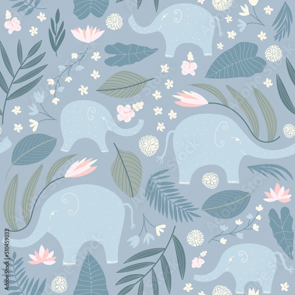Fototapeta Elephants - jungle animal nursery wallpaper in shades of blue and pink. Seamless pattern. Vector illustration. 
