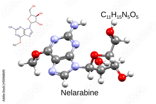 Fototapeta Chemical formula, skeletal formula, and 3D ball-and-stick model of chemotherapeutic drug nelarabine, white background