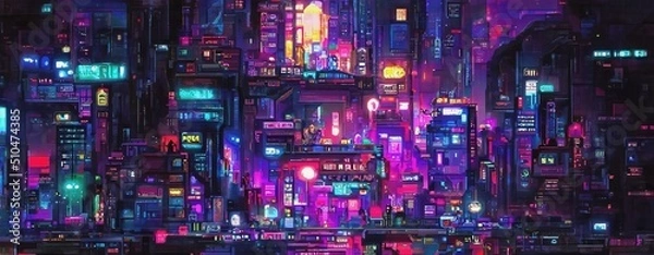 Obraz Cyberpunk Neon City Night. Futurystyczna scena miejska w stylu sztuki pikseli. Tapeta z lat 80. Retro Future 3D ilustracja. Scena miejska.