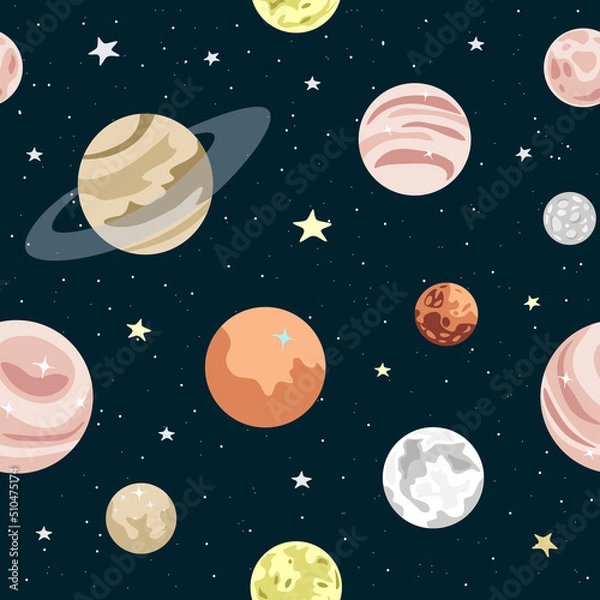 Fototapeta Vector seamless pattern. Planets in Solar System and stars isolated on dark background. 
