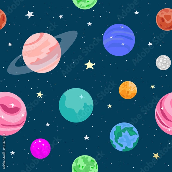 Fototapeta Vector seamless space pattern. Colorful planets in Solar System and stars isolated on blue background. 
