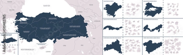 Obraz Vector color detailed map of Turkey with the administrative divisions of the country, each Districts is presented separately and divided into Provinces
