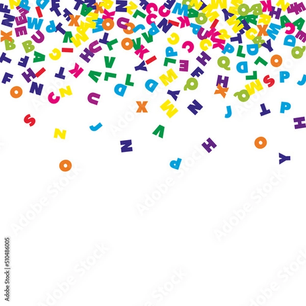 Obraz Falling letters of English language. Colorful flying words of Latin alphabet. Foreign languages study concept. Precious back to school banner on white background.