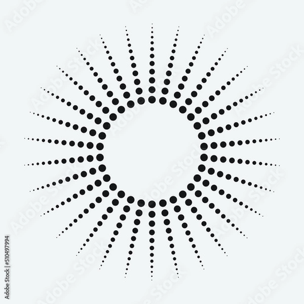 Fototapeta Radial halftone dots in Circle Form. Dotted fireworks explosion background. Starburst round Logo. Circular Design element. Abstract Geometric star rays.
