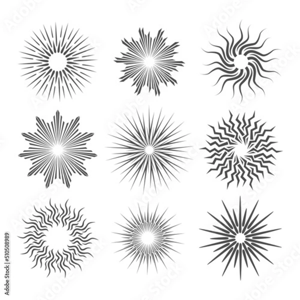 Fototapeta Hand drawn set of Sunburst, Star, firework explosion, logo, emblem, tag. Web banner. Vector Illustration. Bohemian symbol bursting sun rays. light rays in line art.