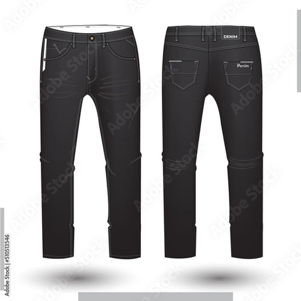 Fototapeta Denim pant design and mockup. Men's trousers technical fashion illustration. Denim pant technical sketch for tech pack design front and back view with denim pocket
