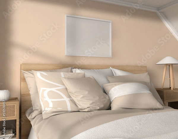 Fototapeta mock up frame on the wall in modern Bedroom, 3D rendering, 3D illustration
