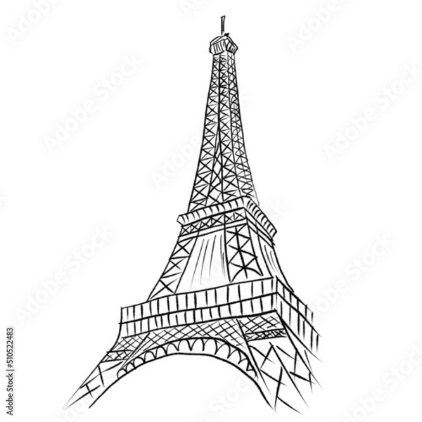 Obraz Eiffel Tower France Isolated On A White Background Hand Drawn Illustration	