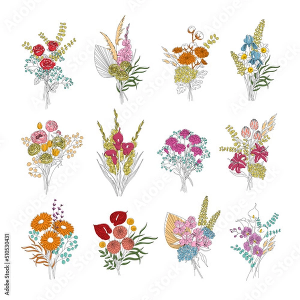 Fototapeta A bouquet of flowers in minimalist graphics: Rose, Gerbera, Chrysanthemum, Tulip, Pion, Orchid, Narcissus, Calla, Iris, Gladiolus, Ranunculus, Dahlia, Carnation, Anthurium, Alstroemeria. Line art.