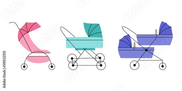 Obraz Set of different baby prams on white background.  Carriage, buggy, and stroller for twins.  Transportation of children. Vector flat illustration