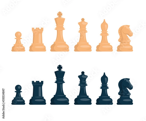 Obraz Chess. Set of white and black chess pieces. Knight, rook, pawn, bishop, king, queen. Vector image.