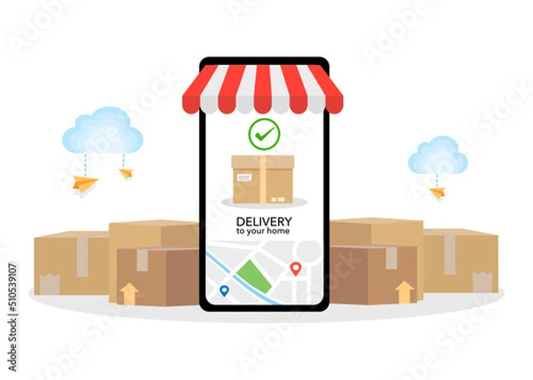 Fototapeta Online delivery app for parcel, package. Fast shipping service on mobile. Order tracking with map on phone screen. Ship around the world to home. Delivered success. Flat vector illustration.