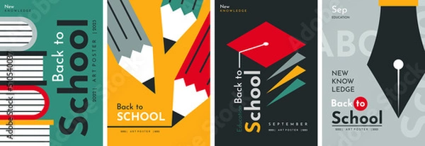 Fototapeta School backgrounds set. Back to School. Stack of books, pencils, graduation cap, fountain pen. Elements and objects on school themes, simple flat background. 