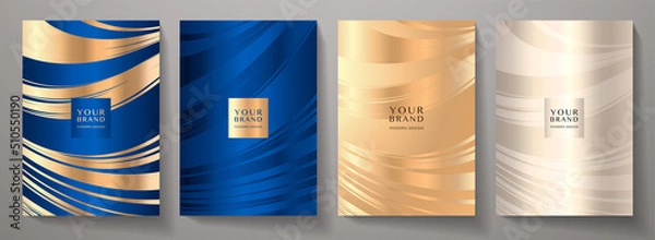 Obraz Premium cover design set. Wavy lux background with line pattern (wavy curves). Luxury vector in navy blue, gold colour for business background, sport brochure template, planner, flyer a4, music poster