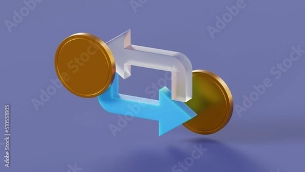 Fototapeta Currency exchange sign on isolated blue background with glass elements and golden coins 3d render
