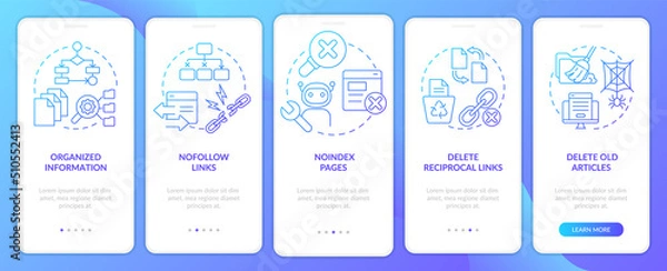 Obraz Search engine optimization principles blue gradient onboarding mobile app screen. Walkthrough 5 steps instructions with linear concepts. UI, UX, GUI template. Myriad Pro-Bold, Regular fonts used