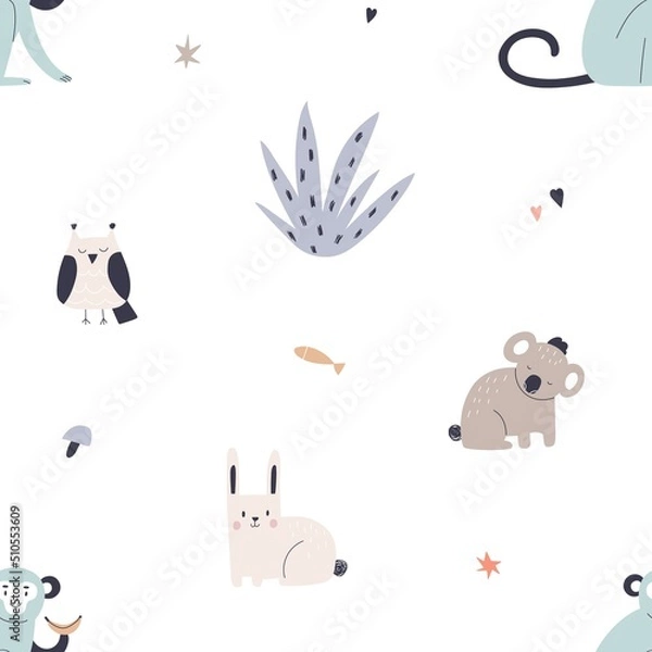 Fototapeta Seamless Scandinavian pattern with cute animals. Endless childish background with repeating print. Scandi-styled texture design. Kids colored flat vector illustration for fabric, wallpaper, decoration