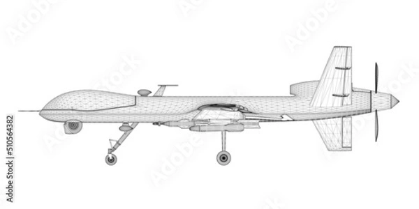 Fototapeta Black lines combat drone wireframe isolated on white background. Side view. 3D. Vector illustration.