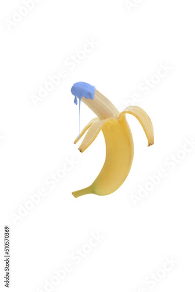 Obraz Fresh banana isolated on a white background with purple dripping paint. Creative organic fruits concept. Banner for healthy food or diet. Pop art aesthetic.