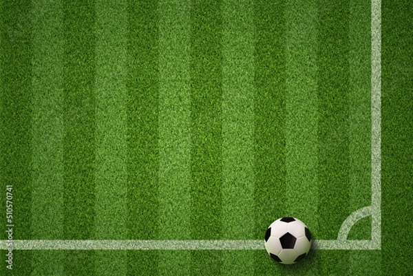 Fototapeta Soccer field or Football field with soccer ball on green grass background