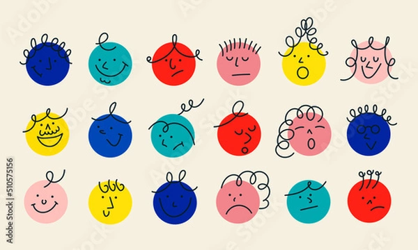 Fototapeta Face smile character abstract icon. Happy family cartoon doodle expression avatar people vector illustration concept. Comic fun eye and emoticon funny emoji person set. Cute crayon round art drawing