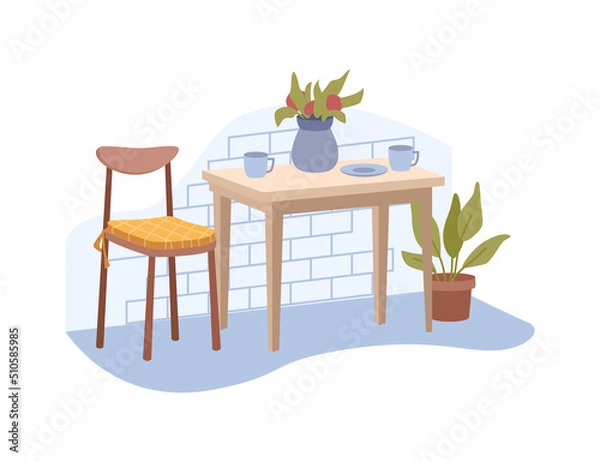 Fototapeta Dining room or kitchen interior, furniture and accessories for design. Wooden table with cup of coffee and vase with flowers. Houseplant and chair with pillow. Vector in flat style illustration