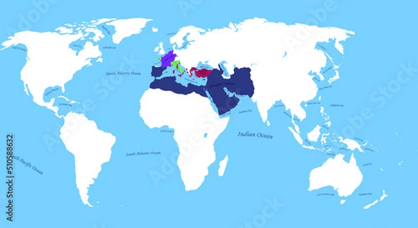 Fototapeta Umayyad Caliphate, Byzantine Empire, Frankish Empire, Kingdom of Lombardy, Kingdom of Britanny Map in one world map 