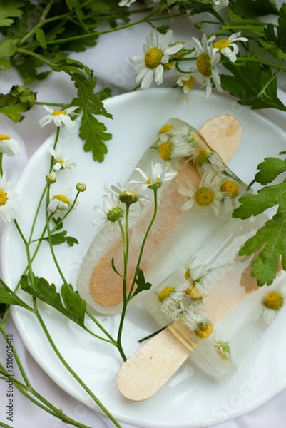 Fototapeta cosmetic ice cubes with chamomile and mint for home care applies to the face.