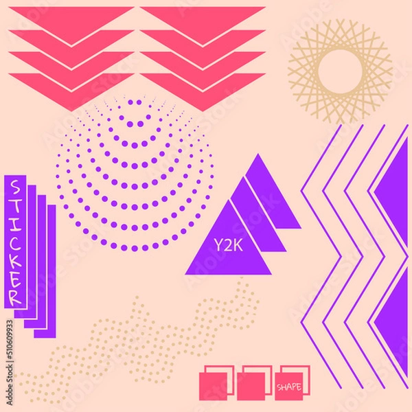 Fototapeta Universal set of stickers of natural phenomena in geometric shapes in Y2K concept.