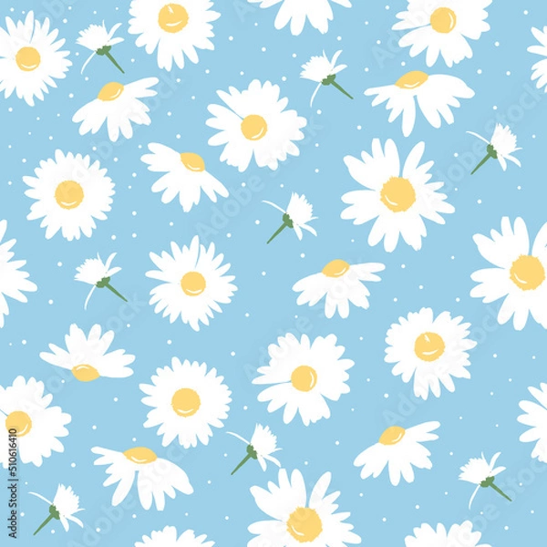 Fototapeta The chamomile flower. Silhouettes of white daisies for textiles. Seamless floral texture white of Daisy flower on blue background, EPS 8, vector.