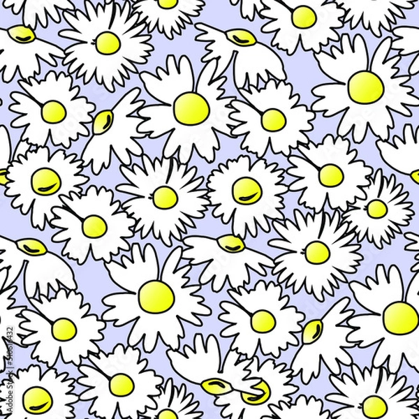 Fototapeta The chamomile flower. Hand-drawn  daisies for textiles. Seamless floral texture of Daisy flower on blue background, EPS 8, vector.