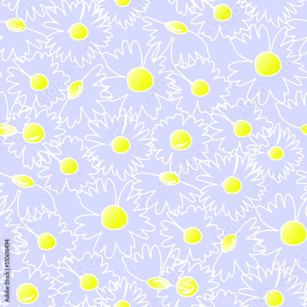 Fototapeta The chamomile flower. Silhouettes of  daisies for textiles. Seamless floral texture of Daisy flower on blue background, EPS 8, vector.