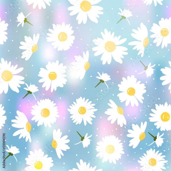 Fototapeta The chamomile abstract background. Silhouettes of white daisies for textiles. Seamless floral texture white of Daisy flower on blue, EPS 10, vector.
