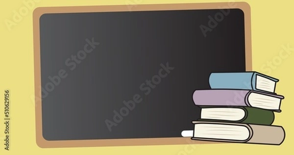 Fototapeta Illustrative image of writing slate with stack of books against yellow background, copy space
