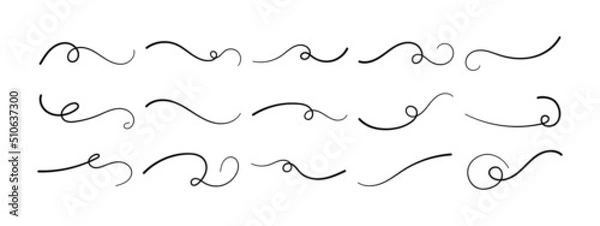 Fototapeta Swoosh underline hand drawing set. Calligraphic inscriptions emphasize the curved line. Vector typography elements. Collection of black brush strokes isolated on white background. Ornament of tails.