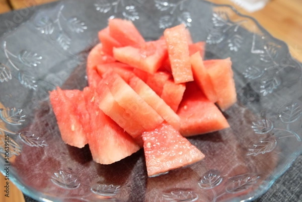 Fototapeta Seedless Watermelon Slices Ready to Eat. It is called "Karpuz Dilimleri" in Turkish.