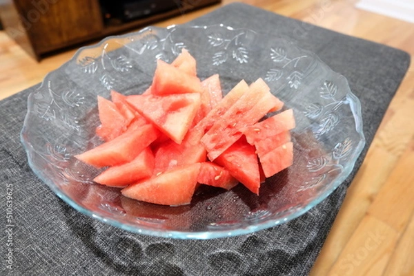 Fototapeta Seedless Watermelon Slices Ready to Eat. It is called "Karpuz Dilimleri" in Turkish.