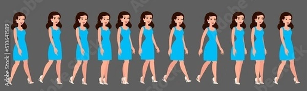 Fototapeta Walk cycle of a young girl. Beautiful girl in a dress and high heels. 2d character for animation.
