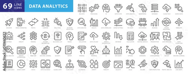 Obraz Big data analysis thin line icon set. Data processing outline pictograms for website and mobile app GUI. Digital analytics simple UI, UX vector icons