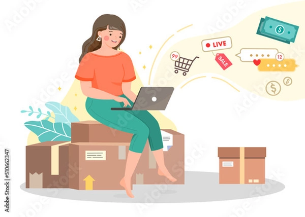Fototapeta Young girl live on computer, selling stuff online and check orders on e-commerce store, preparing to pack the boxes with paper packages and parcels, modern business and shopping concept. Flat vector.