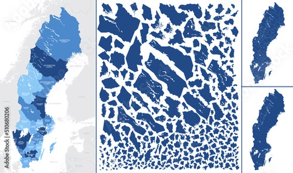 Obraz Detailed vector blue map of Sweden with administrative divisions into Regions and Municipalities of the country