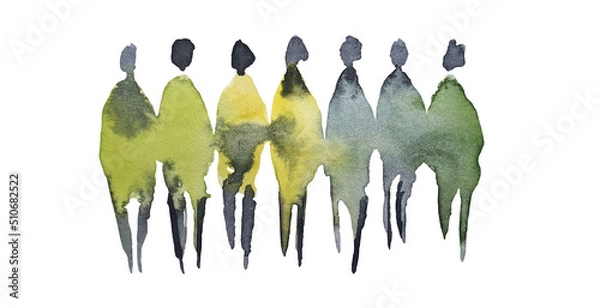 Fototapeta Watercolor silhouette of people, human figures, man, woman, drawn in different colors, isolated design elements on white background