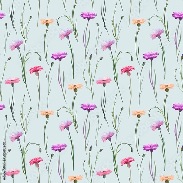 Fototapeta Seamless pattern of watercolor pink and purple cornflowers, illustrations on a green background