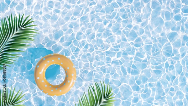 Obraz Summer pool party flat lay concept. Inflatable yellow float in the shade of palm leaves. Let the holidays begin. 3D Illustration..