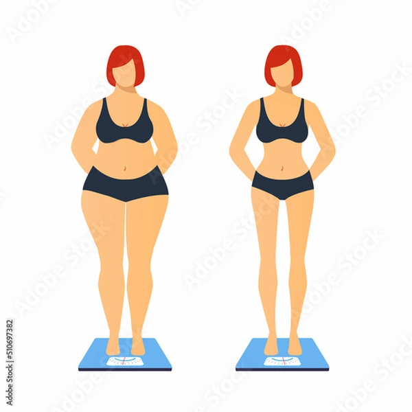 Obraz Overweight woman. Normal weight woman. A fat and thin woman is standing on the scales isolated on a white background. Healthy lifestyle concept. Diet and Weight Loss
