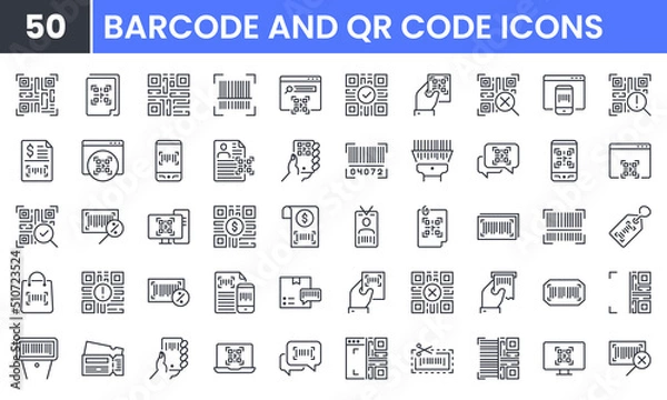 Obraz Barcode and QR Code vector line icon set. Contains linear outline icons like Scan, Check, Label, Qr, Ticket, Identification, Reader, Bar. Editable use and stroke for web.