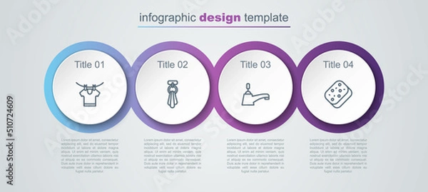 Fototapeta Set line Drying clothes, Towel on a hanger, Water tap and Sponge. Business infographic template. Vector