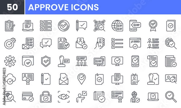 Obraz Approve and Check Mark vector line icon set. Contains linear outline icons like Quality Guarantee, Accept Document, Warranty, Certificate, Choice, Checklist, Correct, Stamp. Editable use and stroke